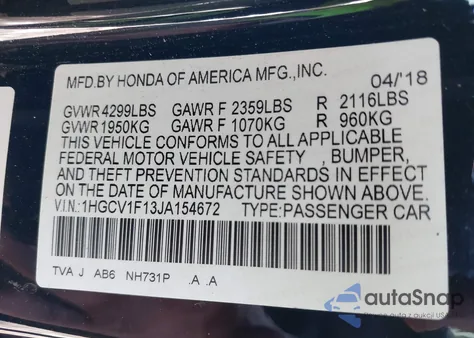 2018 Honda Accord Lx from USA, damaged, VIN 1HGCV1F13JA154672